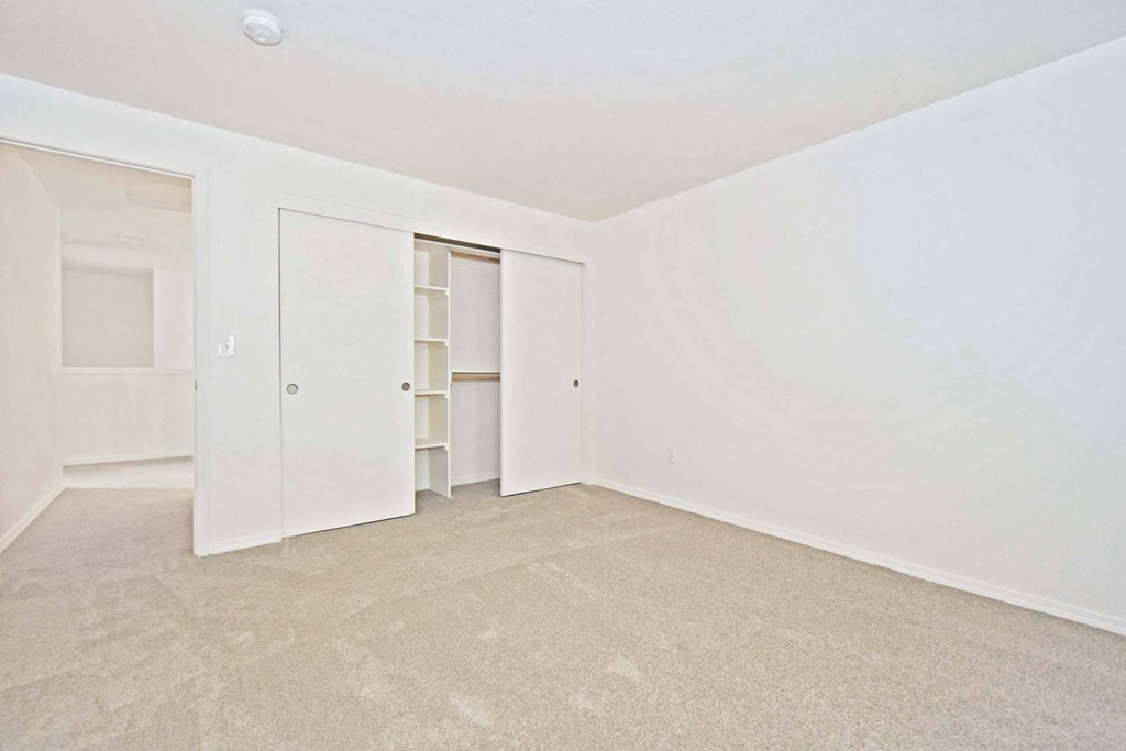 a bedroom with white walls and carpet and a closet