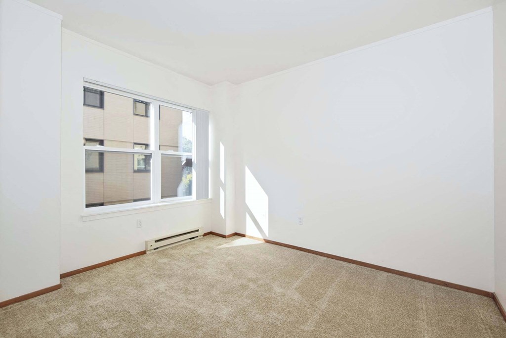 an empty room with a window and carpet