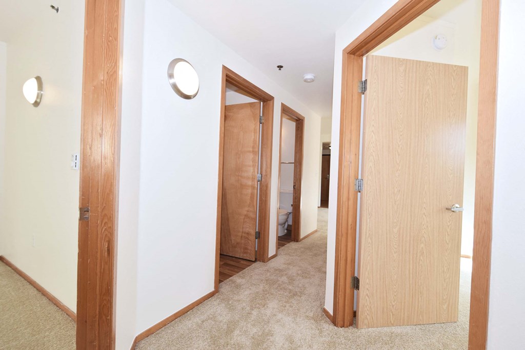 a pass through hallway with three doors and a carpeted floor