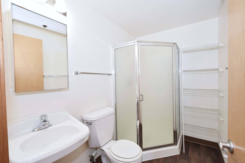 a bathroom with a sink toilet and a shower