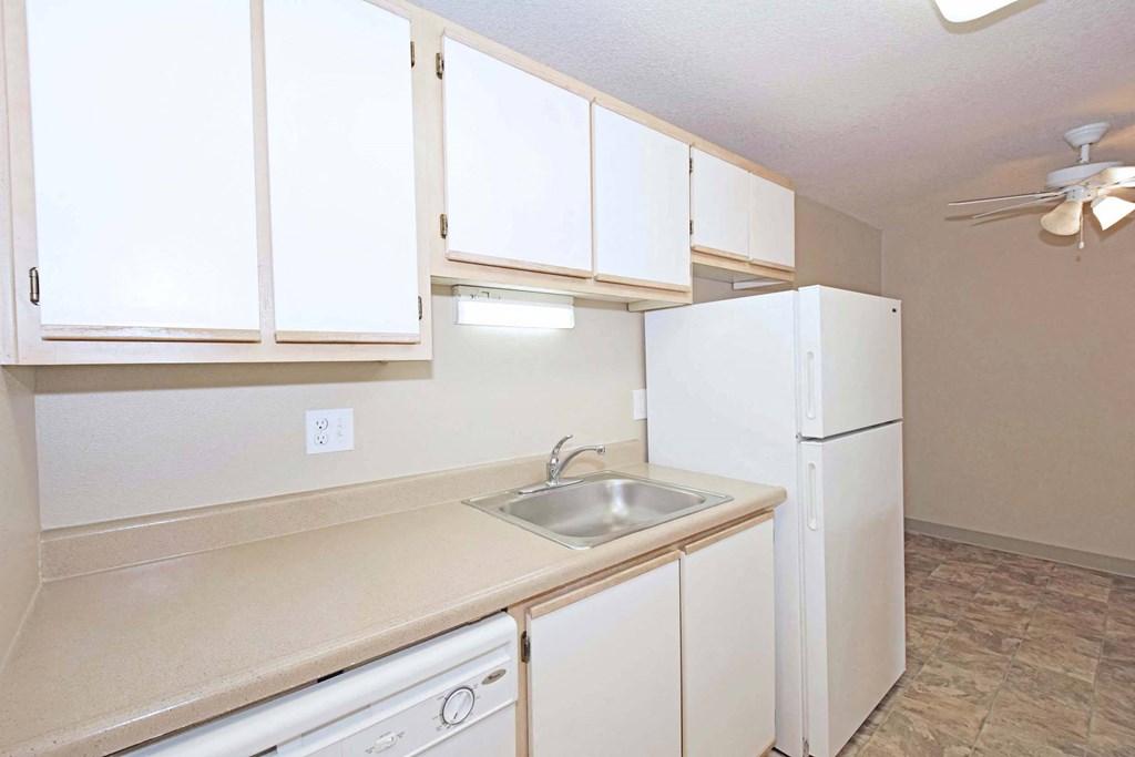 a kitchen with white cabinets and a sink and a refrigerator