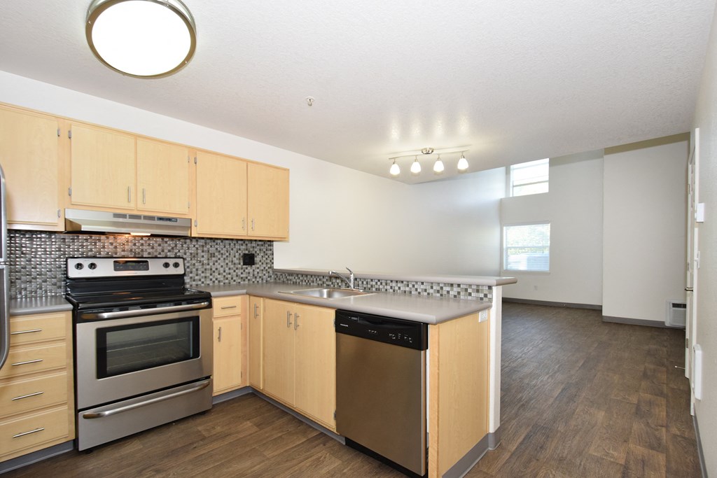the preserve at ballantyne commons apartment kitchen with stainless steel appliances