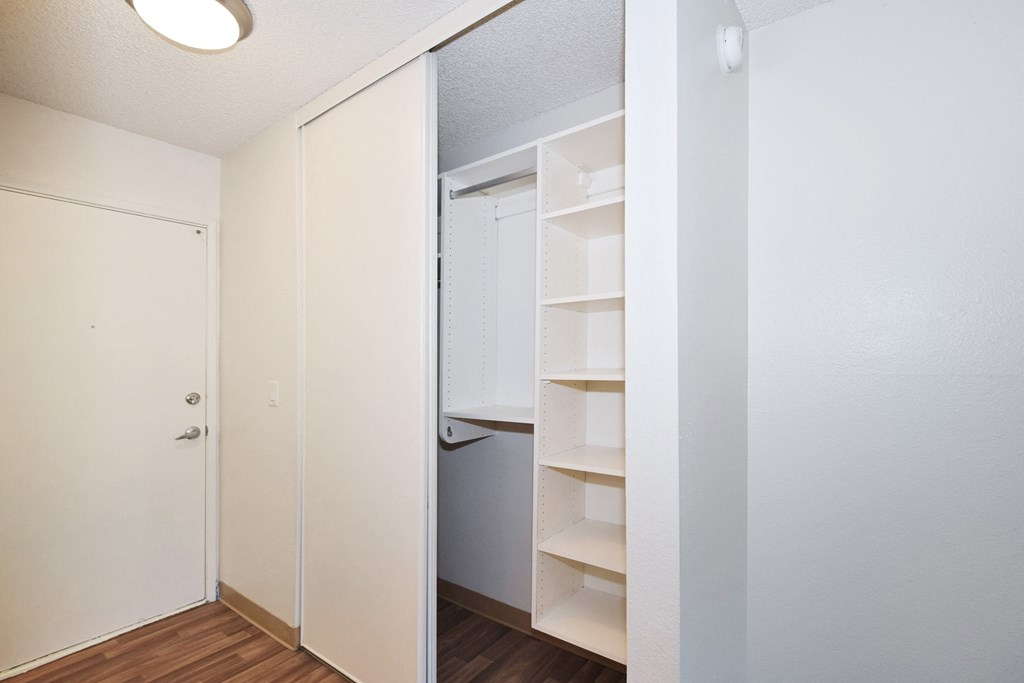 a bedroom with a closet and a door to a closet