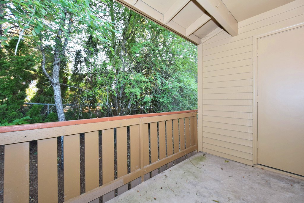 a covered porch with a view of the woods and trees