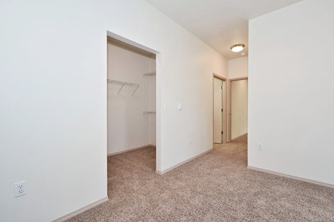 a bedroom with white walls and carpet and a closet with a mirrored door