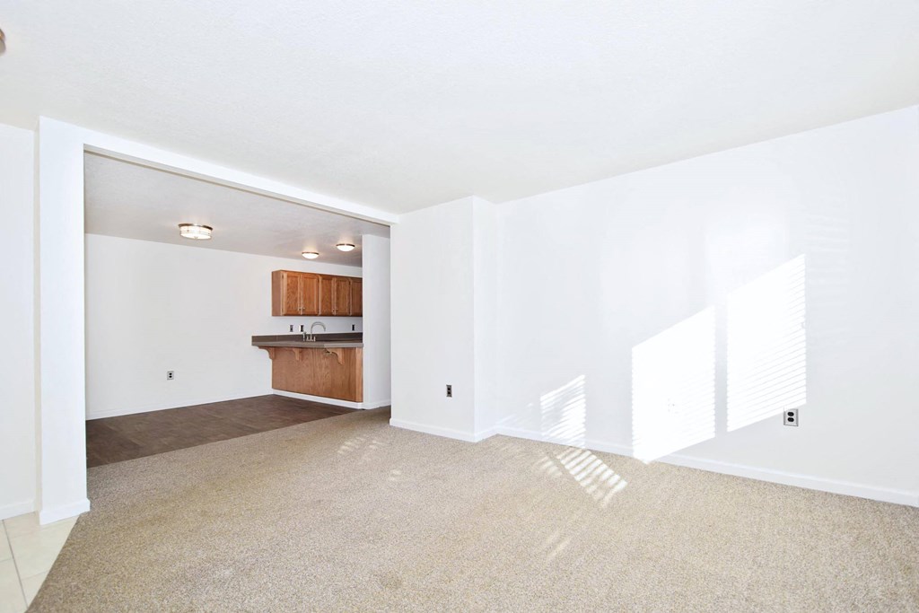 Twin Oaks Apartments living room and kitchen with white walls and carpet