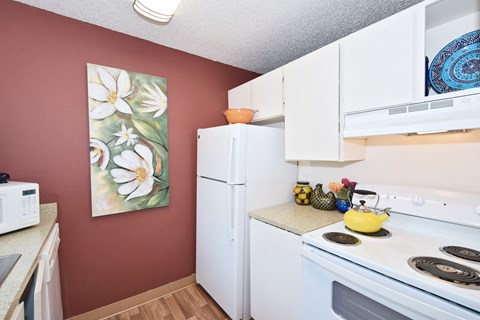 a kitchen with white appliances and a stove and a refrigerator