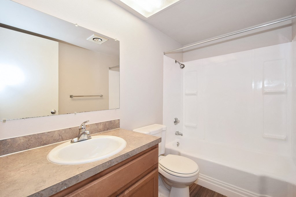 a bathroom with a sink toilet and shower and a mirror