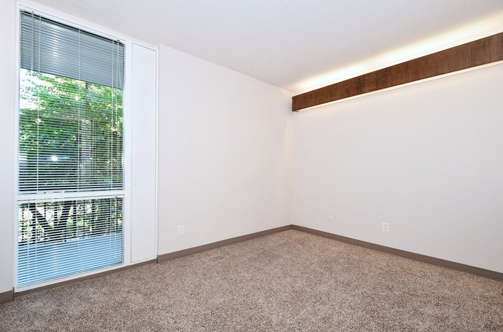 an empty room with a large window and a carpeted floor