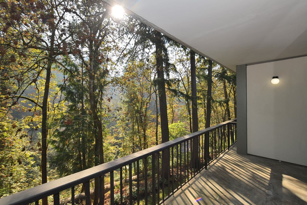 the view from the deck of a cabin with a view of the woods