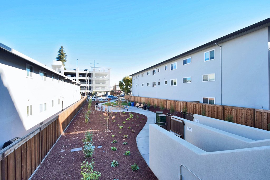 a view of a courtyard with plants and buildings