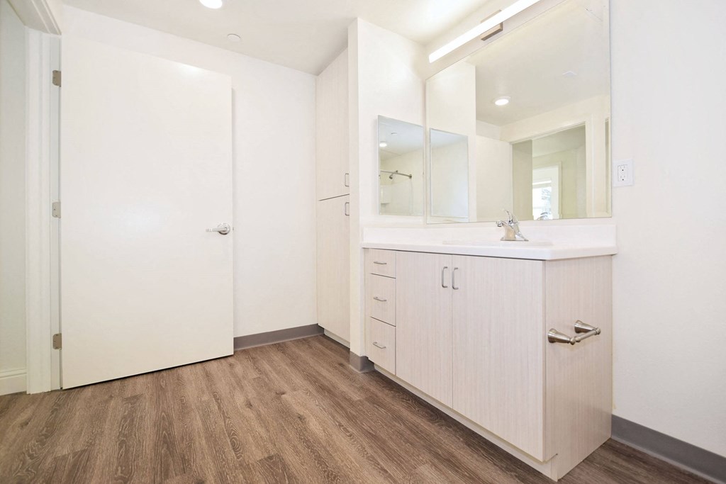 a bathroom with a sink and a mirror