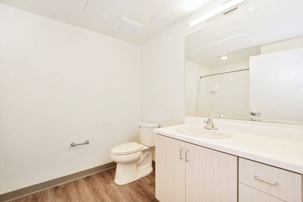 a bathroom with a sink toilet and a mirror