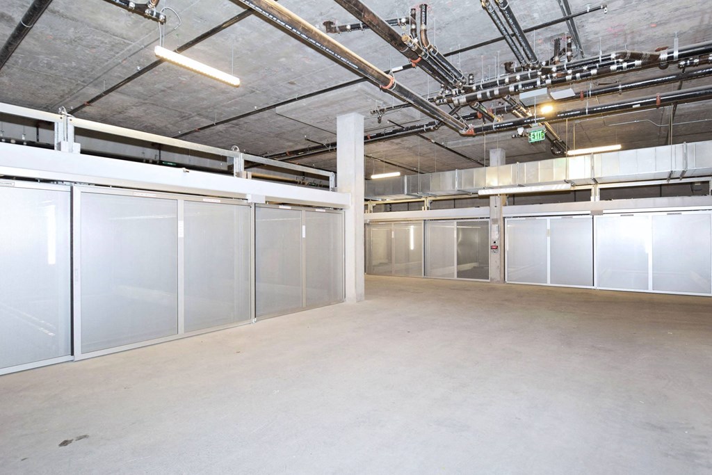 a large storage room with white doors
