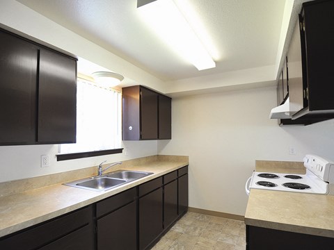 a kitchen with black cabinets and a sink and a stove