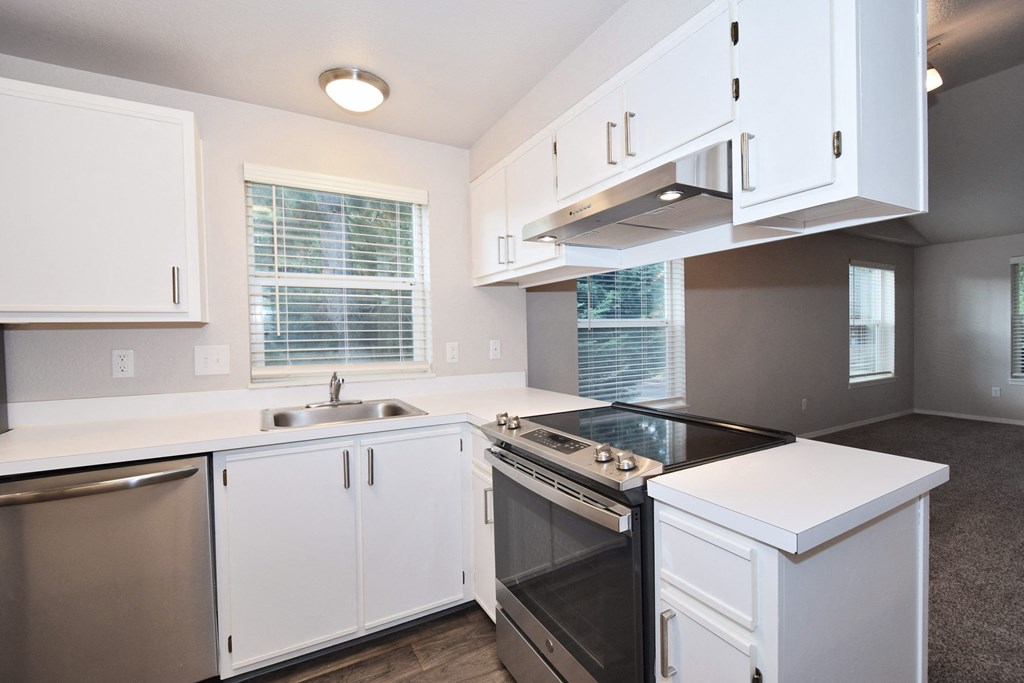 a kitchen with white cabinets and stainless steel appliances and a window
