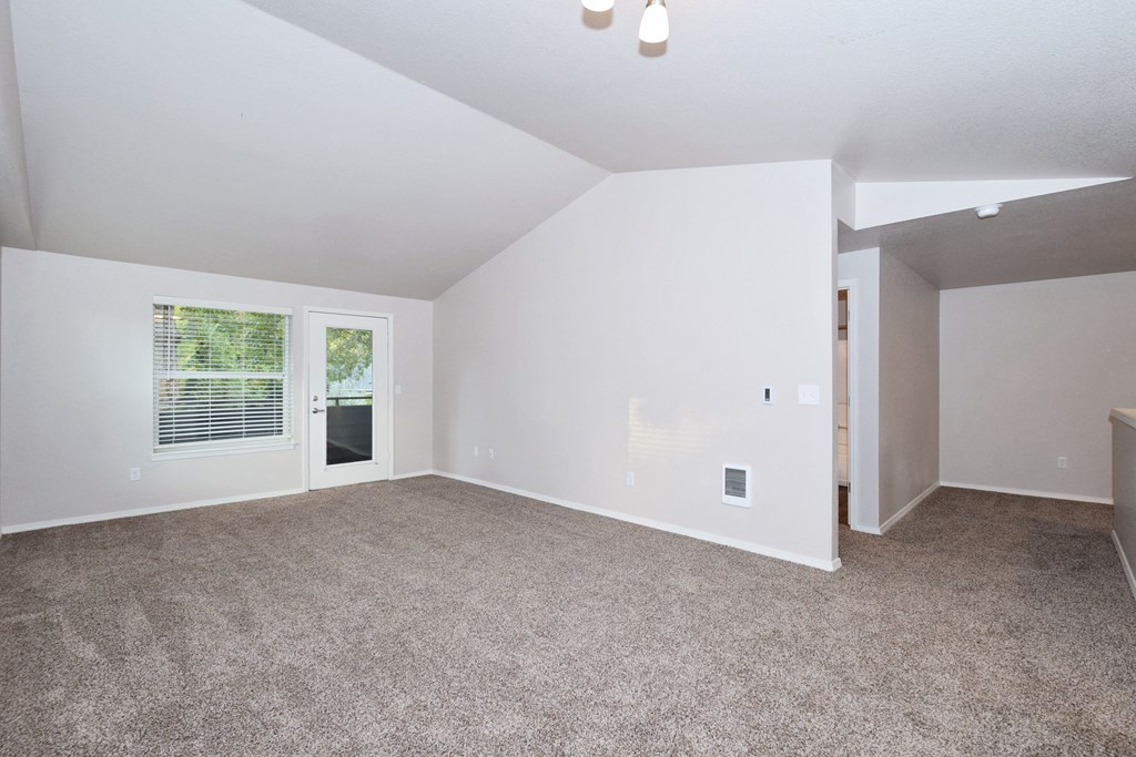 an empty living room with carpet and a window