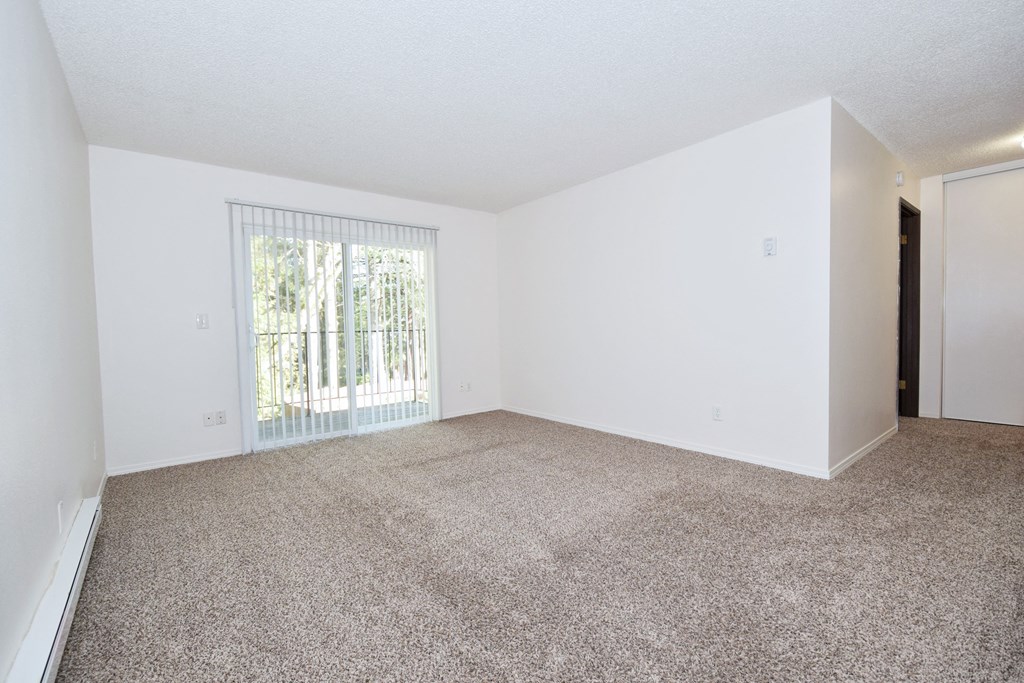 a bedroom with a large window and a carpeted floor