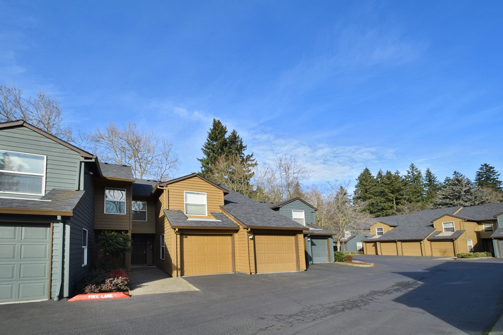 a row of houses with a street in front of them
