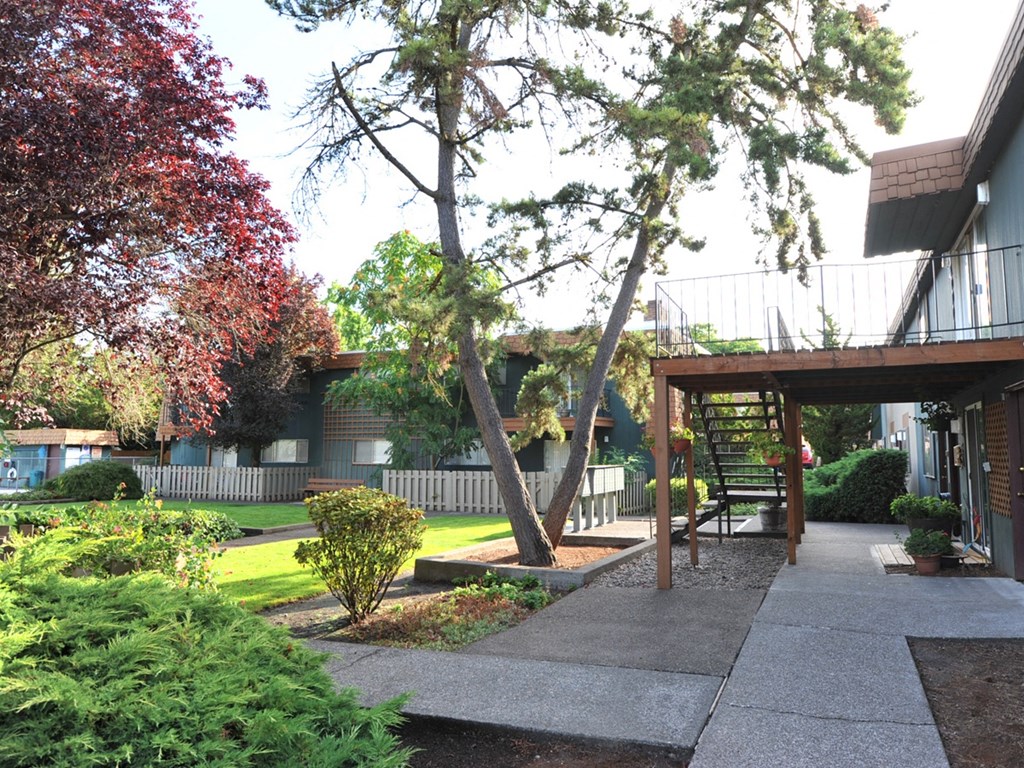 a view of the outside of a building with trees and a sidewalk