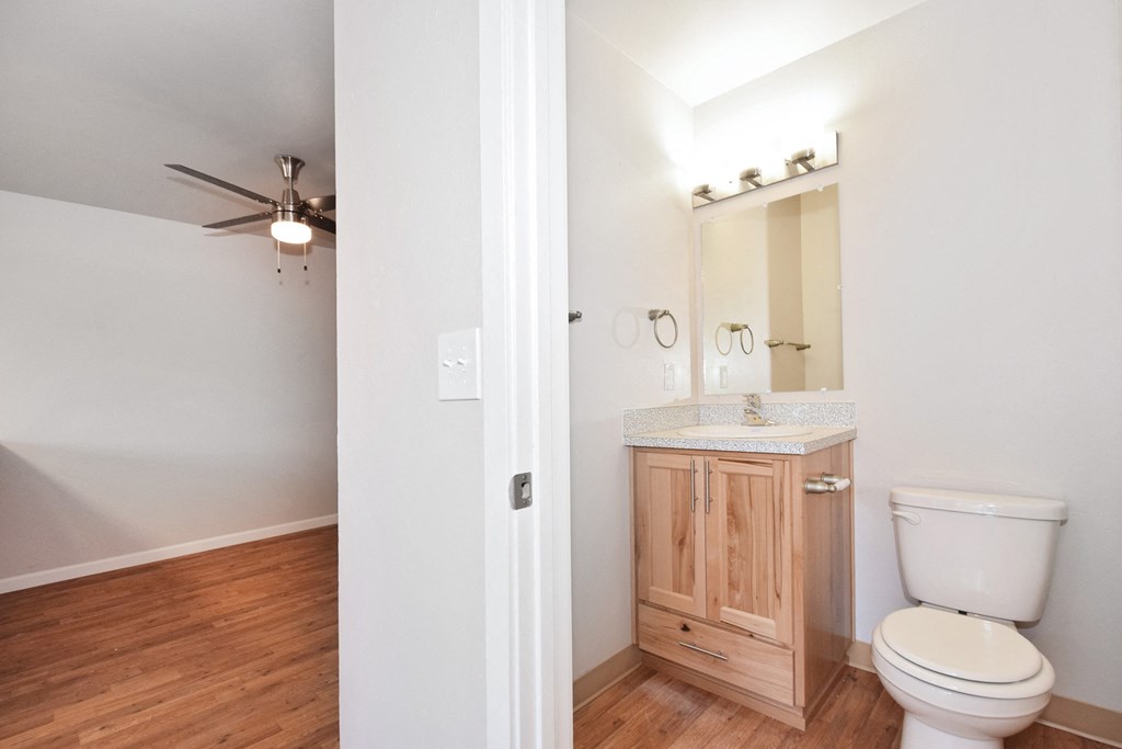 a bathroom with a toilet sink and mirror