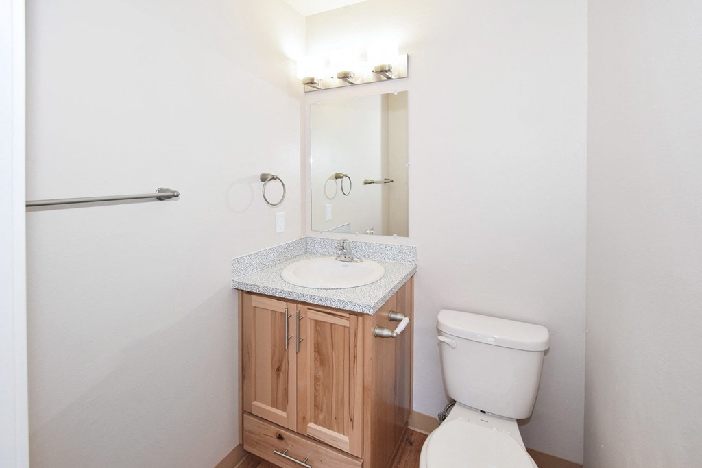 a bathroom with a toilet sink and mirror