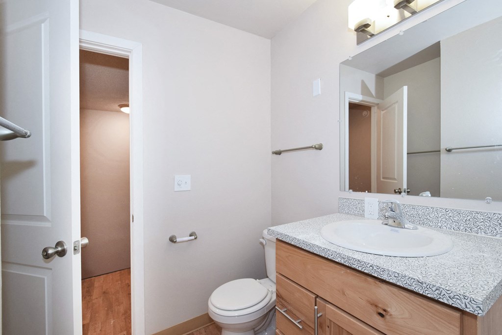 a bathroom with a toilet sink and mirror