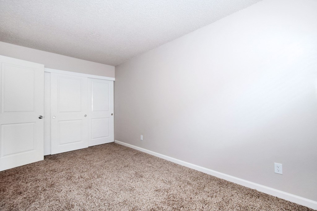 a bedroom with two closets and a carpeted floor