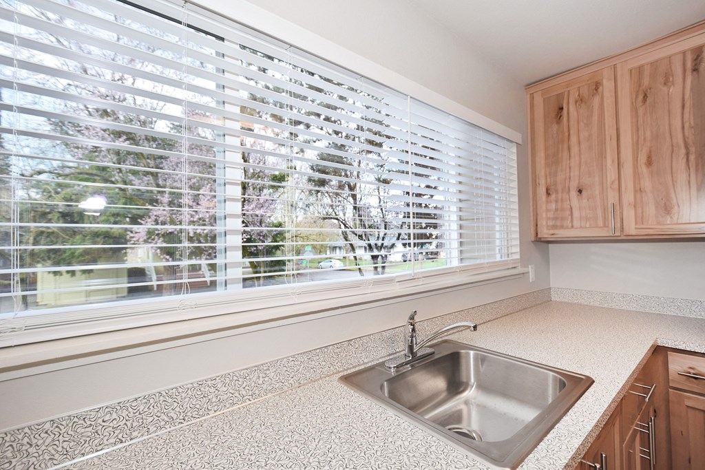 a kitchen with a sink and a window