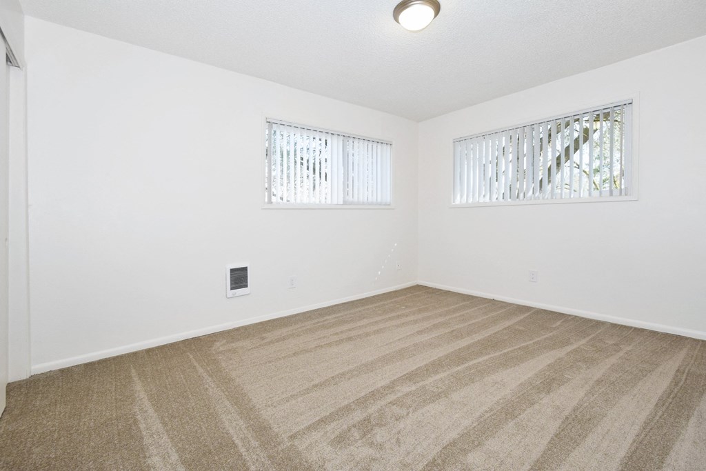 a bedroom with two windows and a carpeted floor