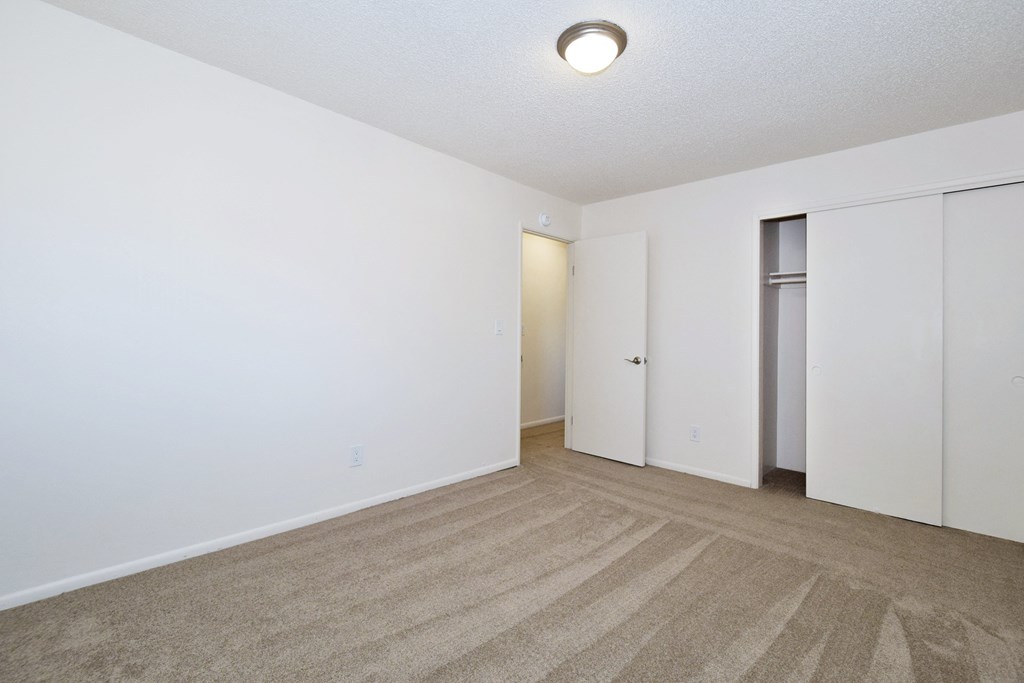 a bedroom with a carpeted floor and white walls