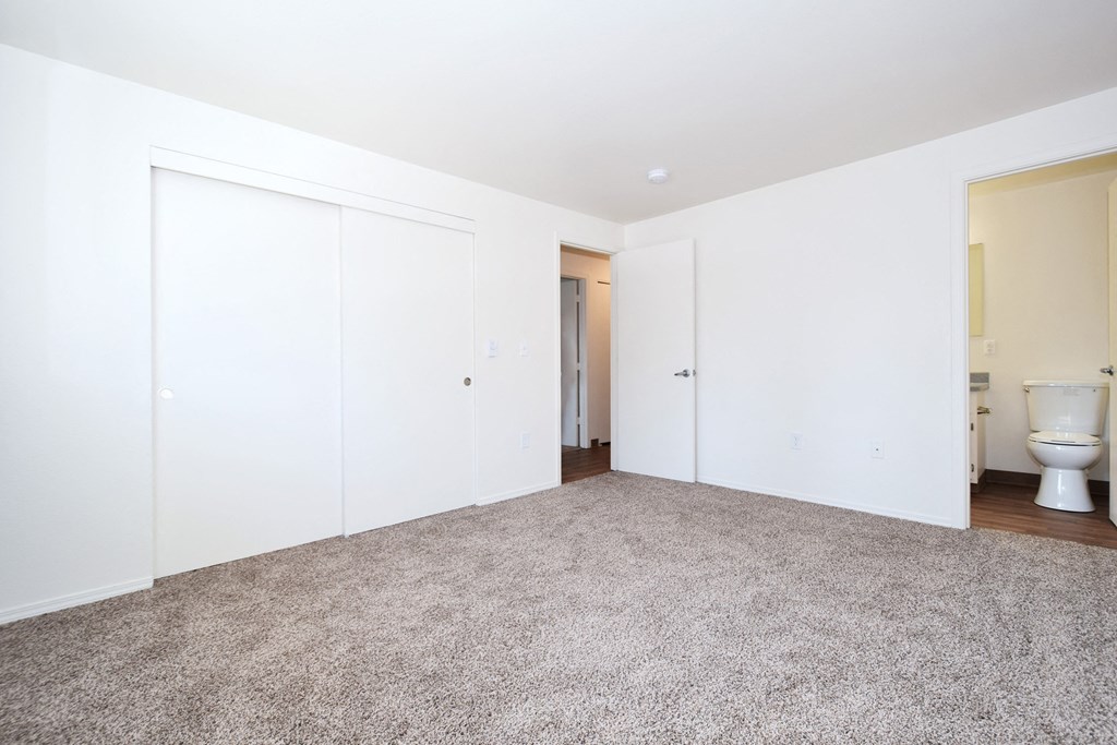 a bedroom with two closets and a toilet