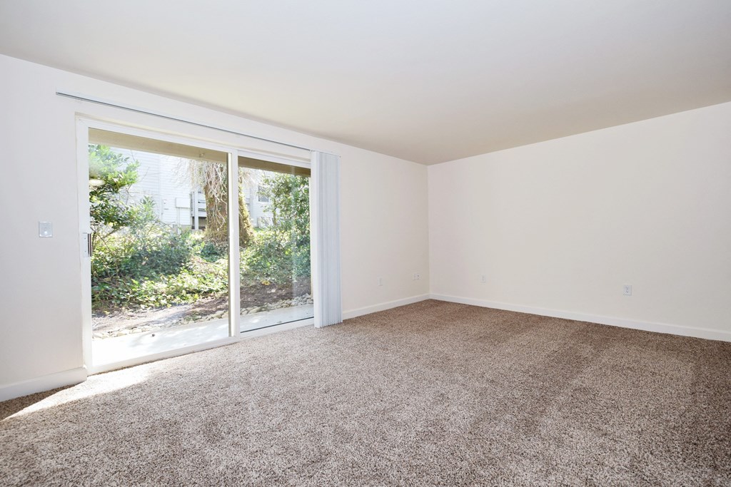 a bedroom with a sliding glass door and a carpeted floor