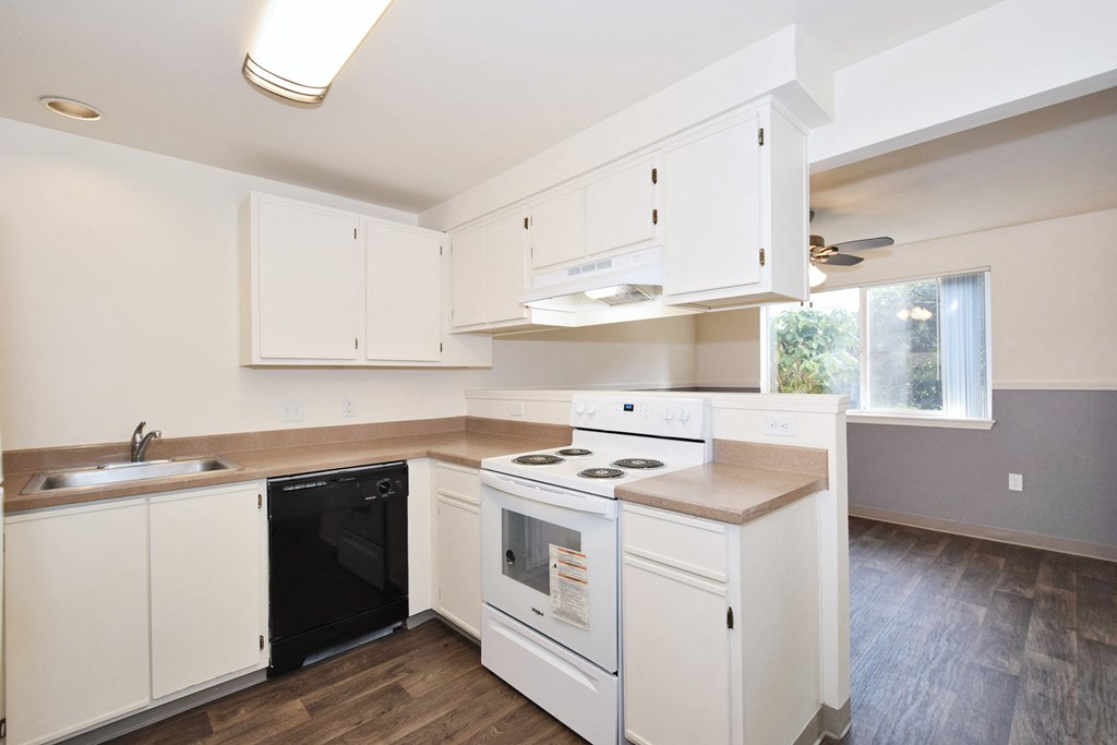 a kitchen with white cabinets and a black dishwasher