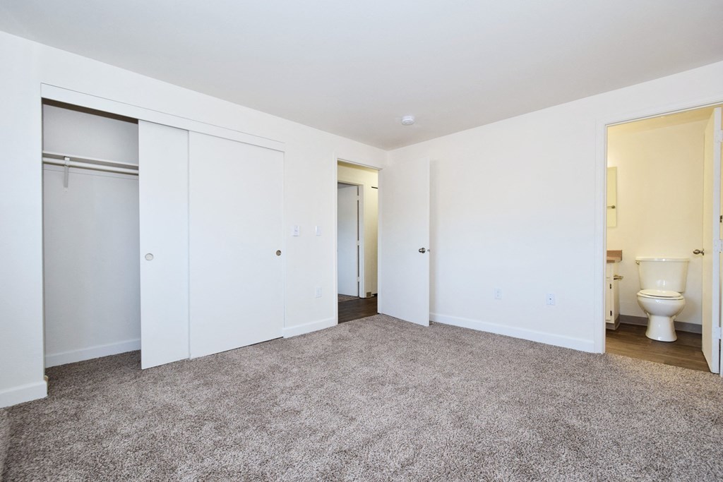 a bedroom with a toilet and two closets