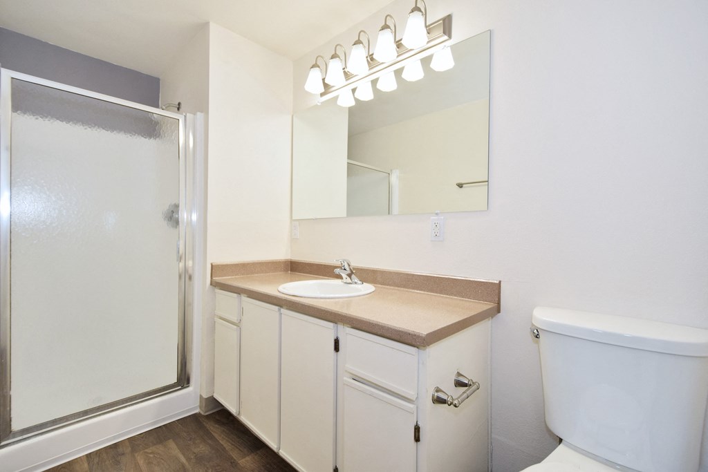 a bathroom with a toilet sink mirror and shower