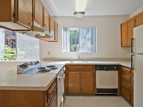 a kitchen with wooden cabinets and a stove and a sink