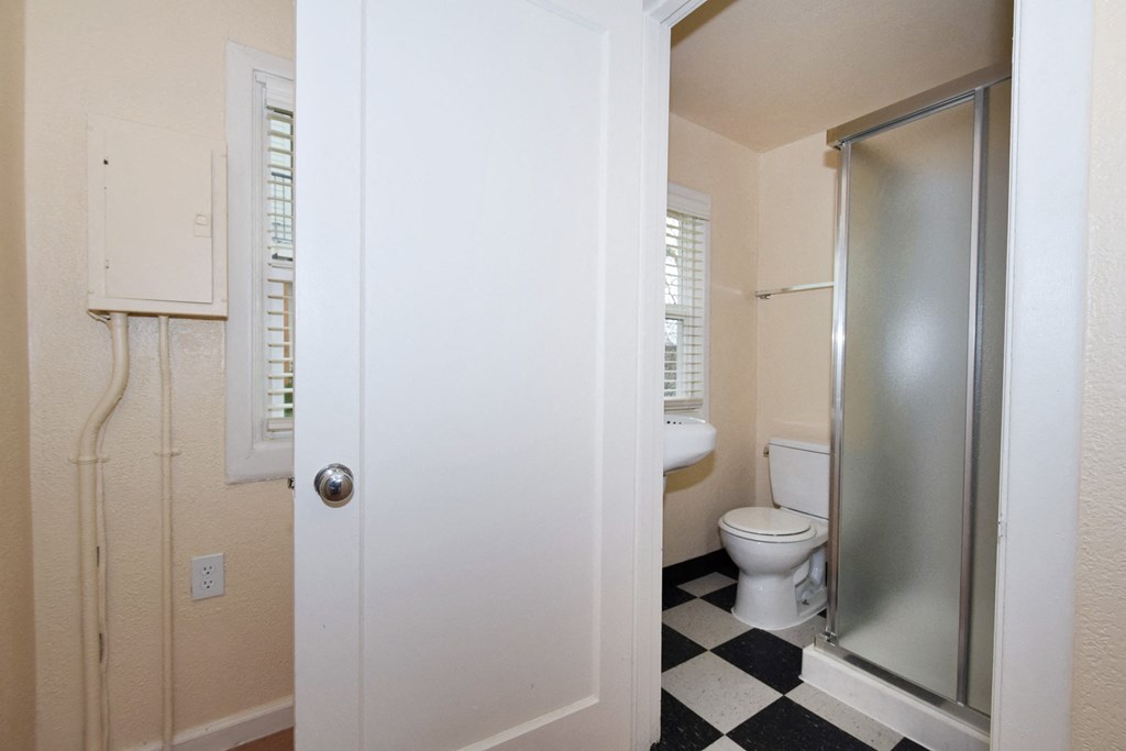 a bathroom with a toilet and a shower