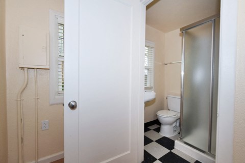 a bathroom with a toilet and a shower