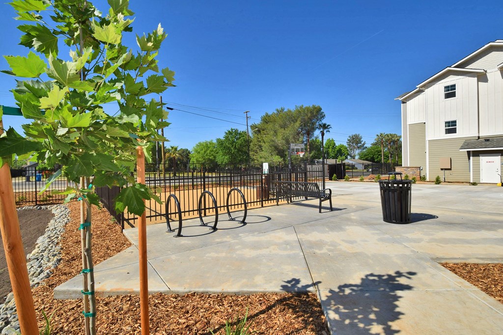 a bench in front of a bike rack and a trash can