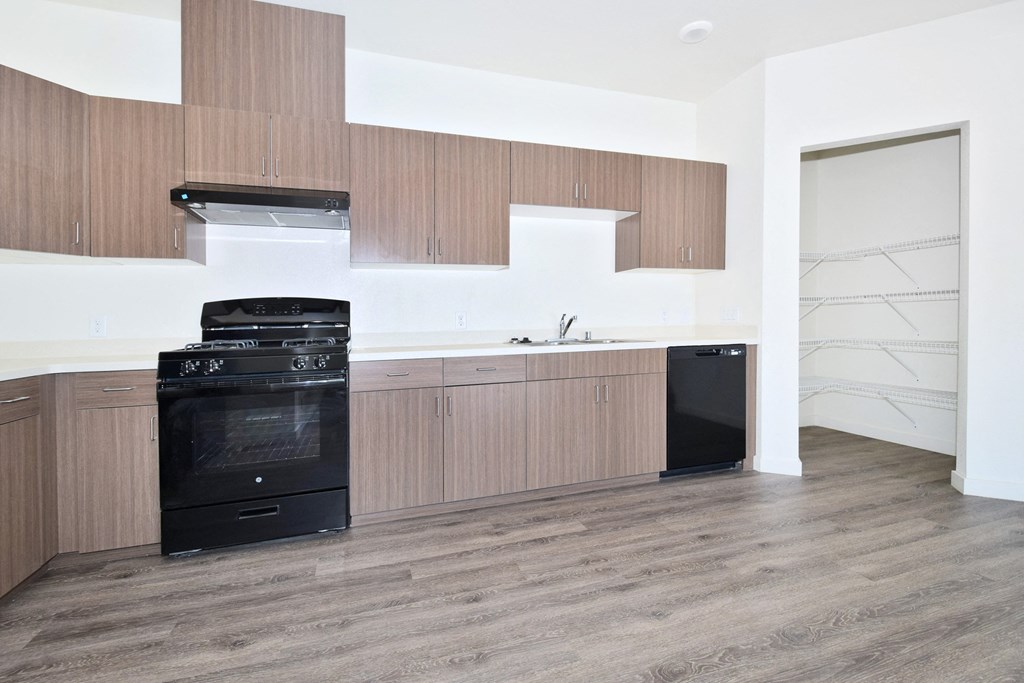 a kitchen with wooden cabinets and a black dishwasher