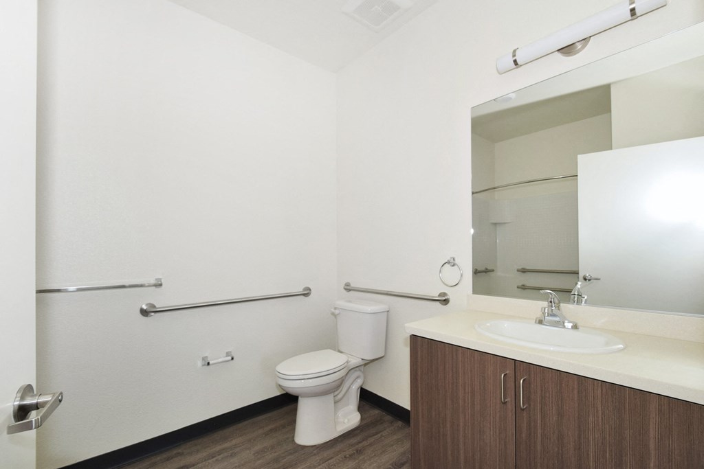 a bathroom with a toilet sink and mirror