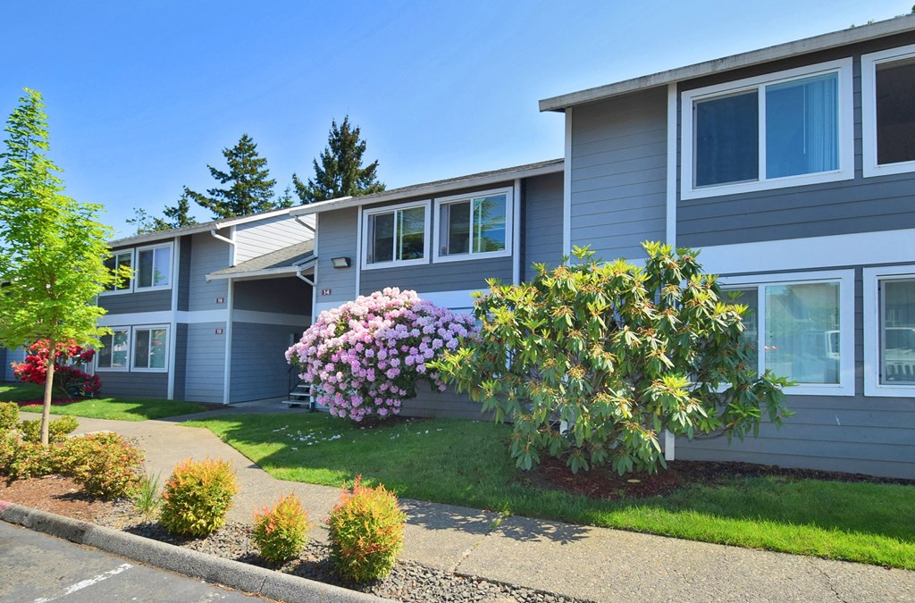 a gray house with a pink rhododendron in front of it