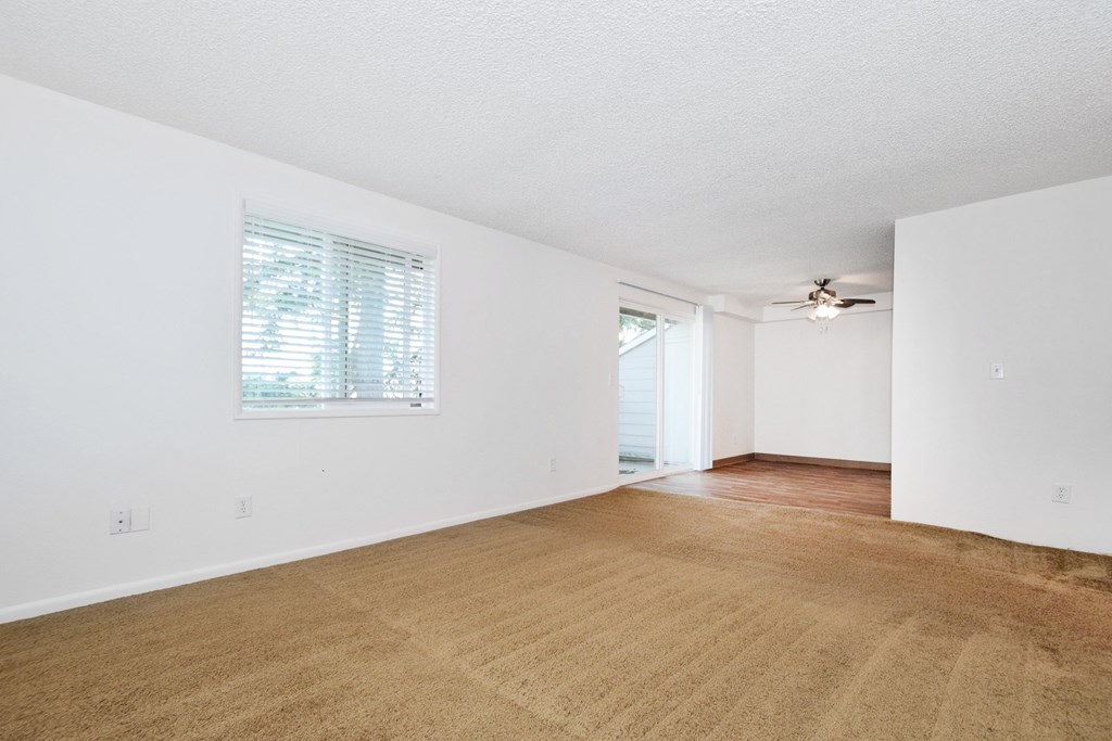 a bedroom with white walls and a ceiling fan