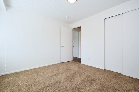 a bedroom with white walls and carpet and a door to a closet