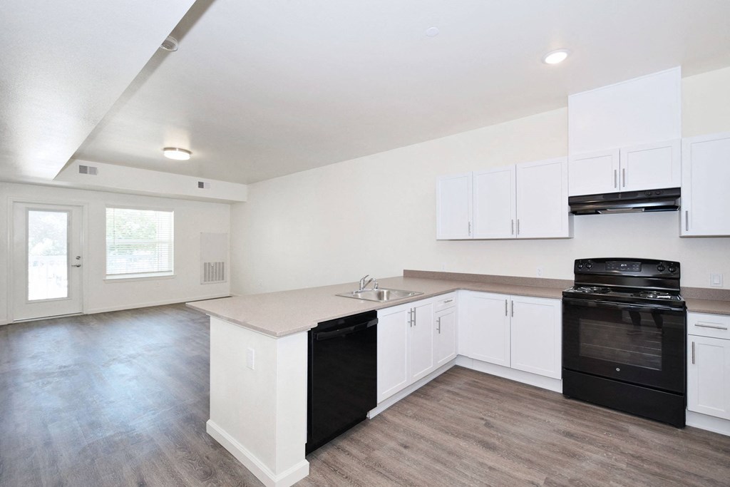 a kitchen with white cabinets and a black dishwasher