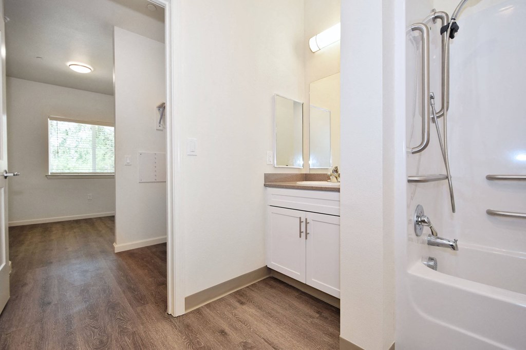a bathroom with a sink and a shower