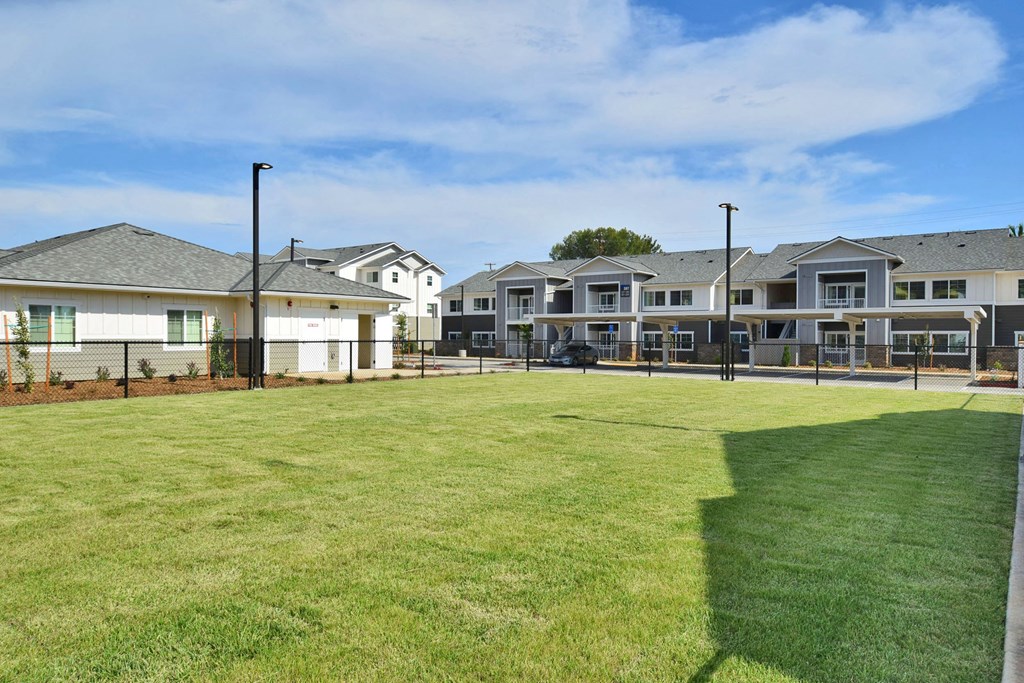 a large grassy area with a chain link fence in front of a row of houses
