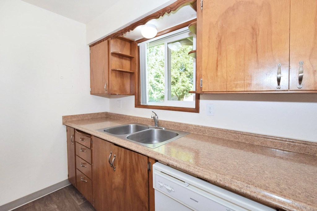 a kitchen with a sink and a window
