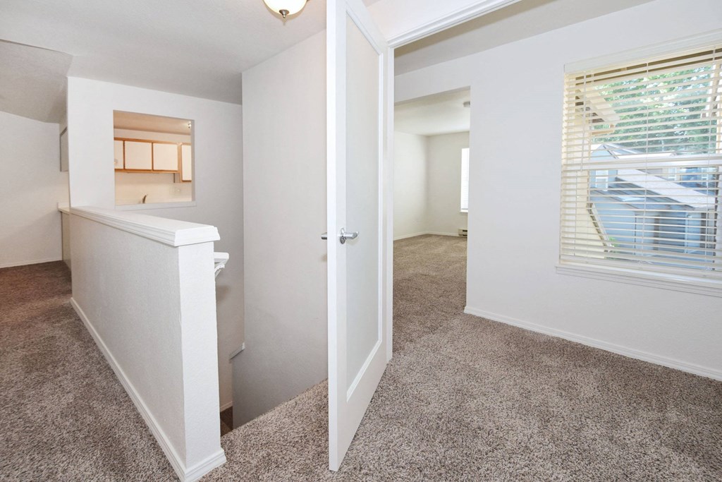 a renovated living room and kitchen with a window and carpet